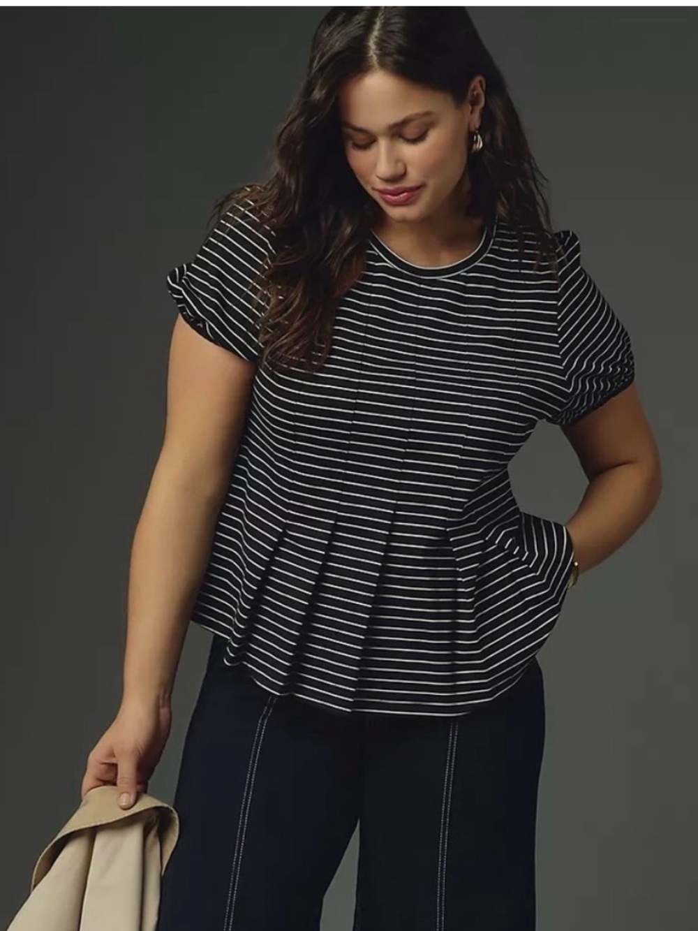 Anthropologie Maeve Women's Black & White Striped Short-Sleeve Peplum Top